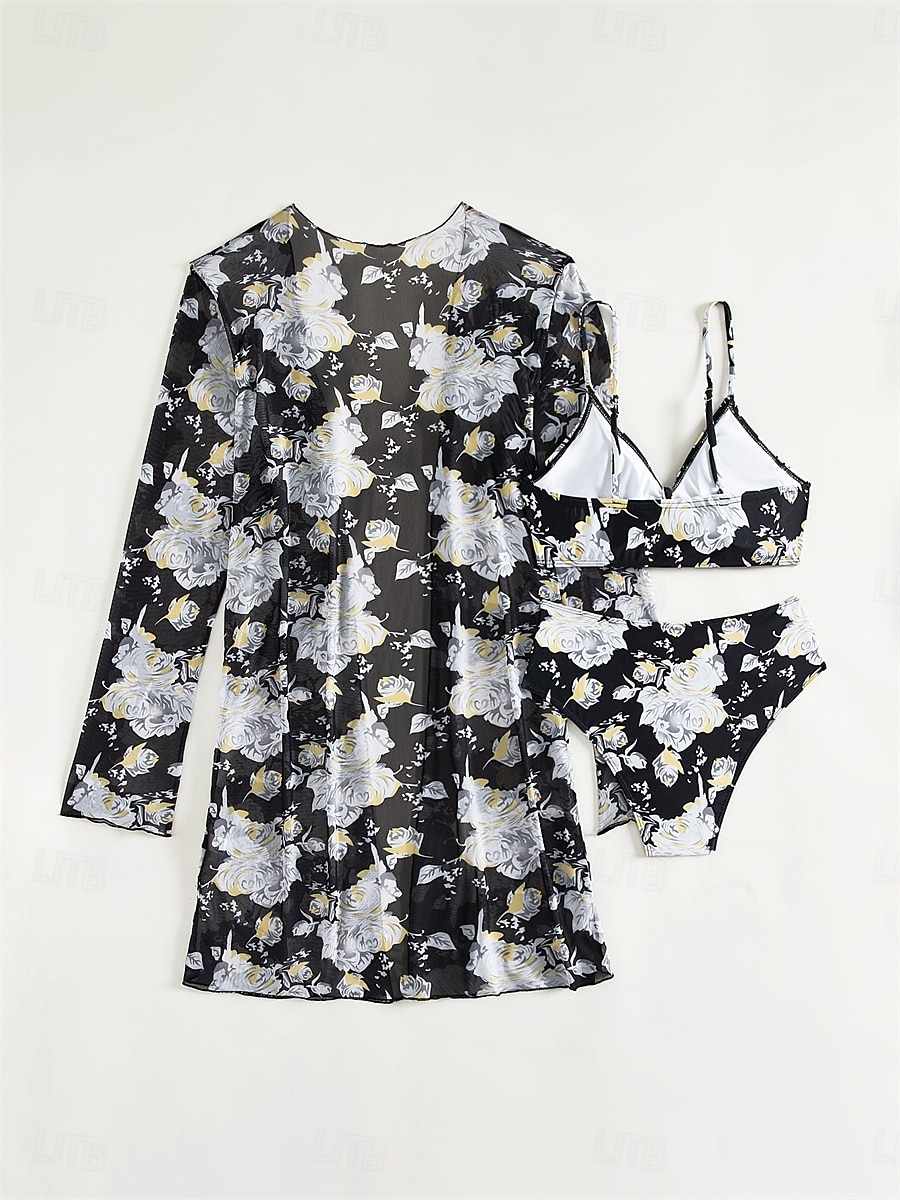 Dames Zwemkleding Driedelig Zwempak Buikcontrole Hoge taille Vakantie Strand Kleding Grafisch V-hals Lange mouw Badpakken 2025 - $33.99 –P4