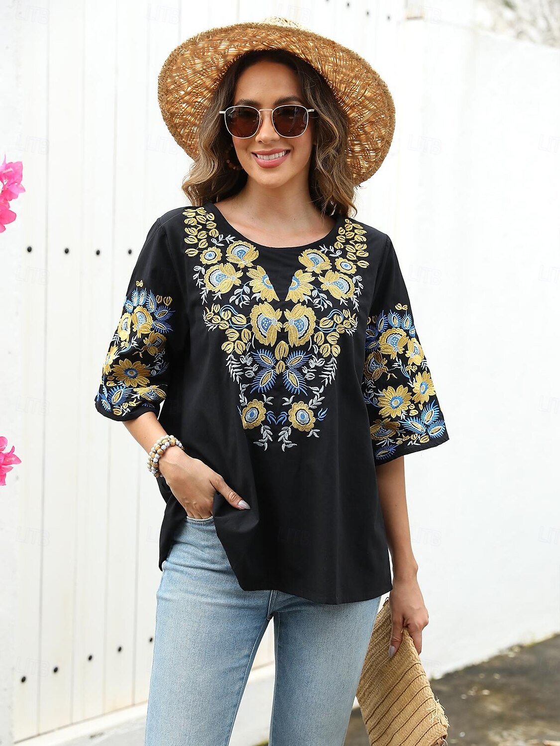Damen Hemd Feste Farbe Blumen Brautkleider schlicht Boho 3/4 Ärmel Ellbogenlange Ärmel Rundhalsausschnitt Normale Oberteile Urlaub Party Täglich Bestickt Schwarz Herbst Frühling Sommer 2025 - $45.99 –P6