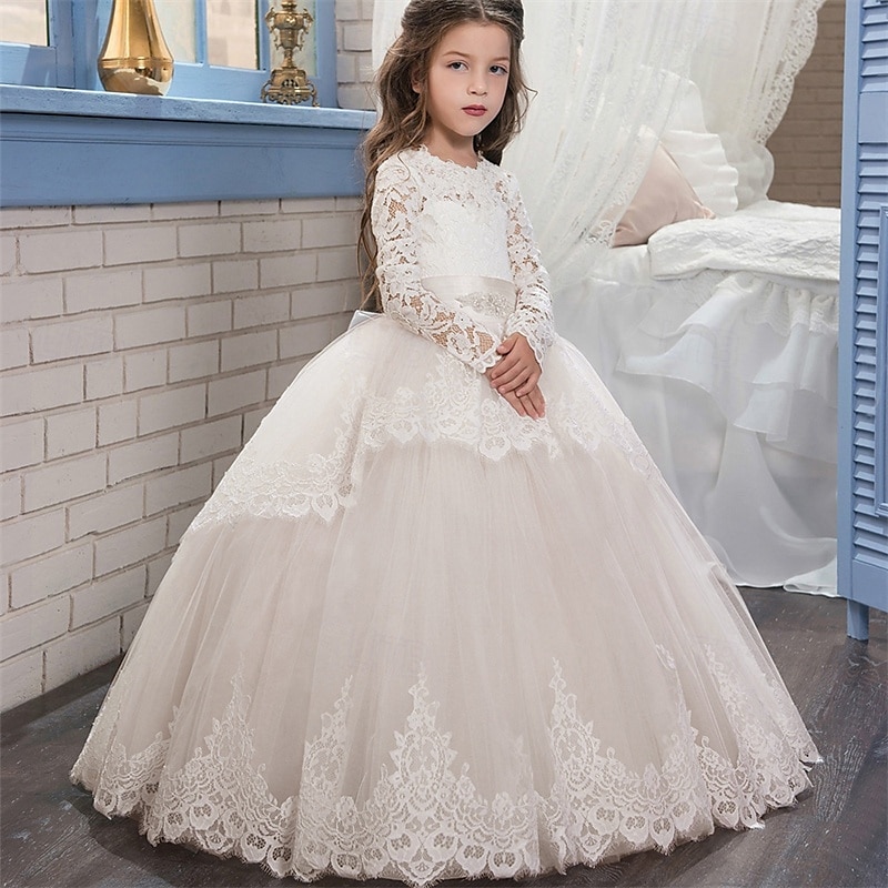Blumenmädchenkleid Kinder Mädchen Prinzessinenkleid Leistung Hochzeit Party Elegant Schön Gitter Feste Farbe Langarm Rundhalsausschnitt Hellgelb Hellrosa 4 Jahre + 2025 - $78.99 –P8