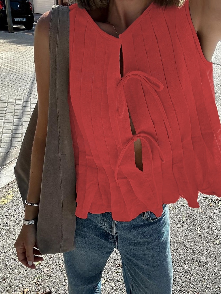 Per donna Abbottonare Camicia in cotone e lino Tinta unica Essenziale Casual Senza Maniche Girocollo Top Regolari Quotidiano Volant Nero Bianco Rosso Estate Primavera del 2025 a $34.99 –P16