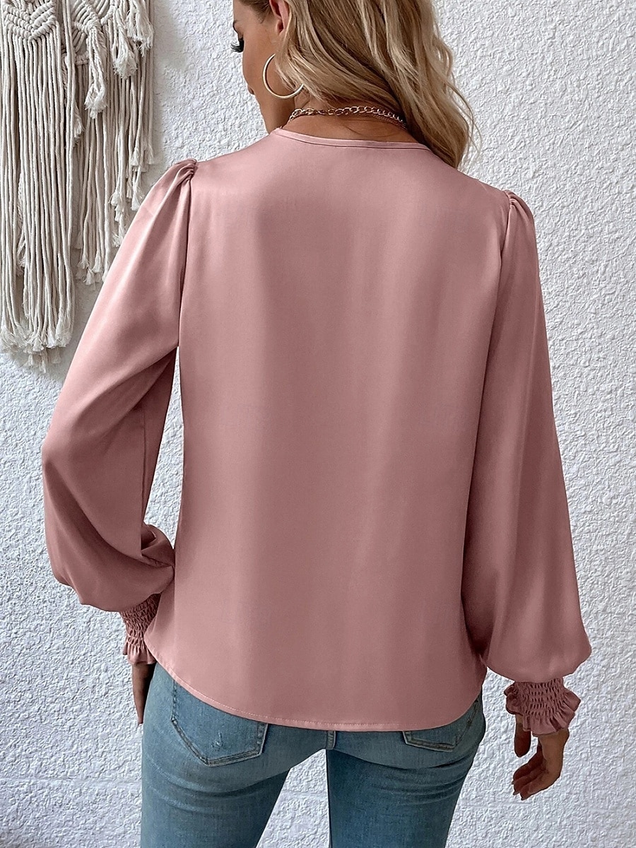 Dames Overhemd Blouse Effen Kleur Zakelijk Modern Casual Lange mouw V-hals Normale tops Werk Formele kleding Met ruches Zwart Blozend Roze Zomer Lente 2025 - $29.99 –P5