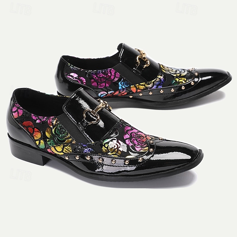 Men's Black Patent Leather Loafers with Gold Tip Floral  and Metal Buckle–Premium Cowhide Formal Shoes for Weddings, Parties, and Special Occasions 2025 - $109.99 –P6