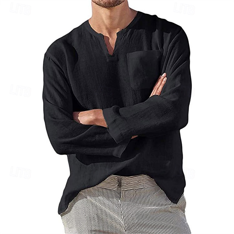 Homme Chemise Chemise Lin Chemise décontractée Plein Vacances Hawaïen Noir Blanche Vert Abricot manche longue Col V Printemps & Automne Vêtement Tenue Poche de 2025 ? $4.99 –P5