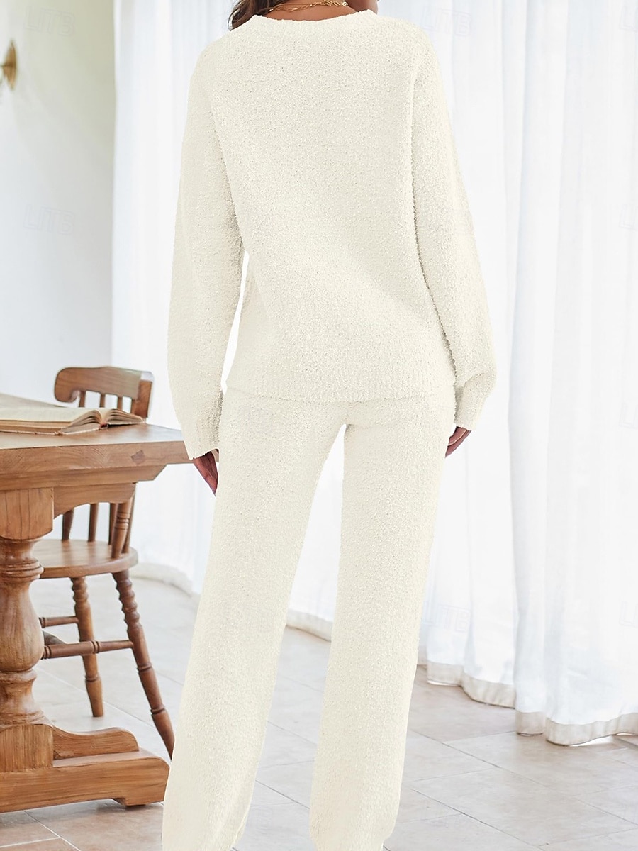 Női Pizsama Meleg Alkalmi Kényelmes Tiszta szín Rugalmas derék Pullover Nadrág Otthon Napi Hosszú ujj Terített nyak Arcpír rózsaszín Medence Bézs Ősz Tél 2025 - $61.99 –P4