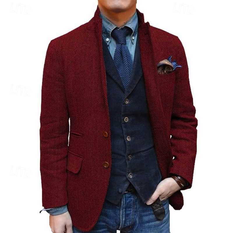 Blazer de tweed retro vintage para hombre, blazer de espiga, chaqueta deportiva, talla grande, botonadura sencilla, dos botones, negro, champán, burdeos, azul 2025 - $95.99 –P7