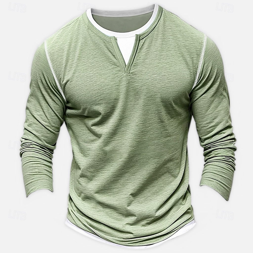 Herr Skjorta T-shirt med V-ringad Långärmad tröja Bambu-t-shirt Långärmad V-hals Vår & Höst Ensfärgat Lappverk Dagligen Ledigt Gatustil falska två stycken Utomhus Gata Casual Ljusblå Ljusgrön Mörkgrå 2025 - $25.99 –P4
