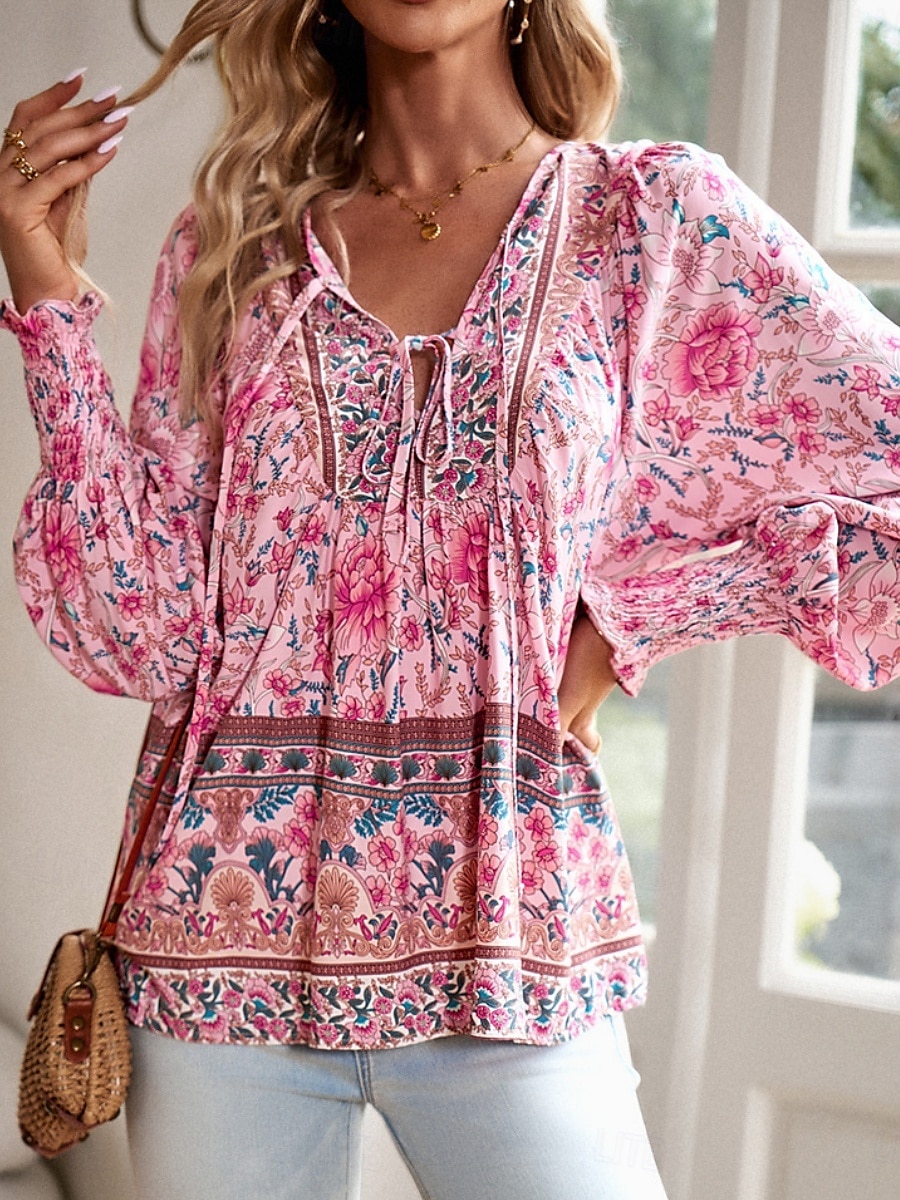 Dame Skjorte Bluse Blomstret Bohem Fritid Langermet V-hals Vanlige topper Daglig Trykt mønster Gul Rosa Navyblå Blå Oransje Sommer Vår Høst 2025 - $29.99 –P3
