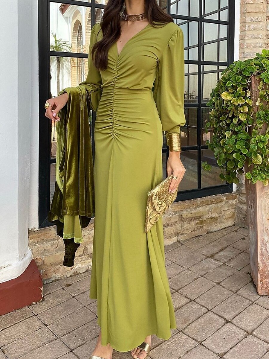 Dámské Maxi šaty Bodycon Smaragdově zelené šaty Elegantní Svatební host Rande Běžný Bez vzoru Dlouhý rukáv Do V Trávová zelená Léto Jaro 2025 - $26.99 –P4