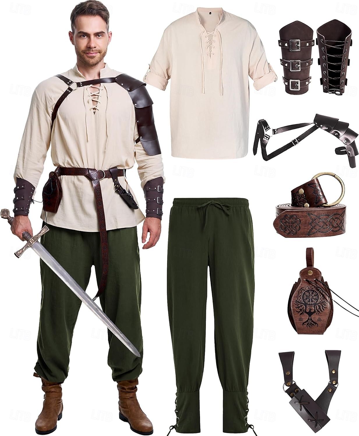 Rétro Vintage Médiéval Renaissance Pantalon Costume de cosplay Tenues Ren Faire Homme Viking Fantaisie Halloween Carnaval Mascarade Carnaval Performance LARP Adulte Chemise Pantalon Ceinture de 2025 ? $76.99 –P8