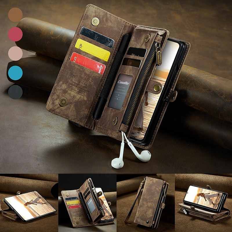 Phone Case For Samsung Galaxy Z Fold 6 Z Fold 5 Z Fold 4 Wallet Case with Stand Holder Zipper with Wrist Strap Retro TPU PU Leather 2025 - $34.99 –P8