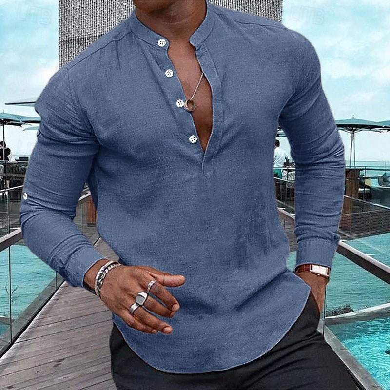 Homme Chemise Chemise Lin Chemise à enfiler Chemisette Chemise d'été Tenues de plage Chemise décontractée Plein Casual du quotidien Noir Blanche Rose Claire bleu marine manche longue Henley Printemps de 2025 ? $23.99 –P7