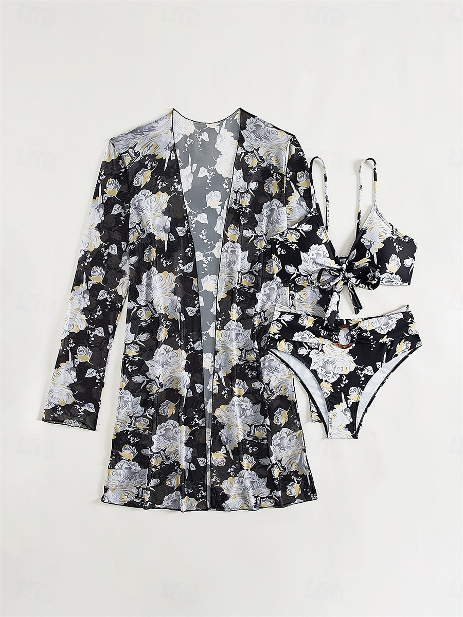 Dames Zwemkleding Driedelig Zwempak Buikcontrole Hoge taille Vakantie Strand Kleding Grafisch V-hals Lange mouw Badpakken 2025 - $33.99 –P3