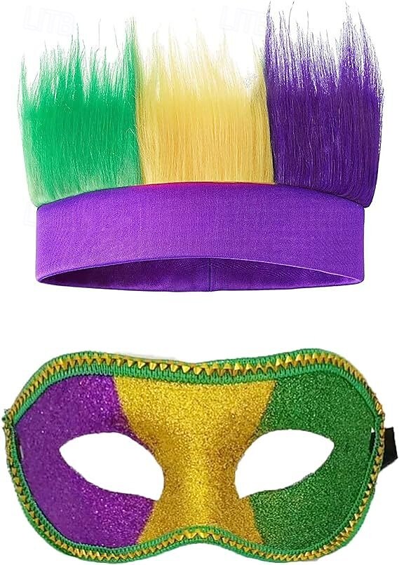 El juego de 2 piezas de suministros para fiestas de Mardi Gras incluye una máscara de Mardi Gras y una diadema peluda, pelucas de cabello loco para cosplay de Mardi Gras, fiesta deportiva y accesorio 2025 - $11.49 –P4