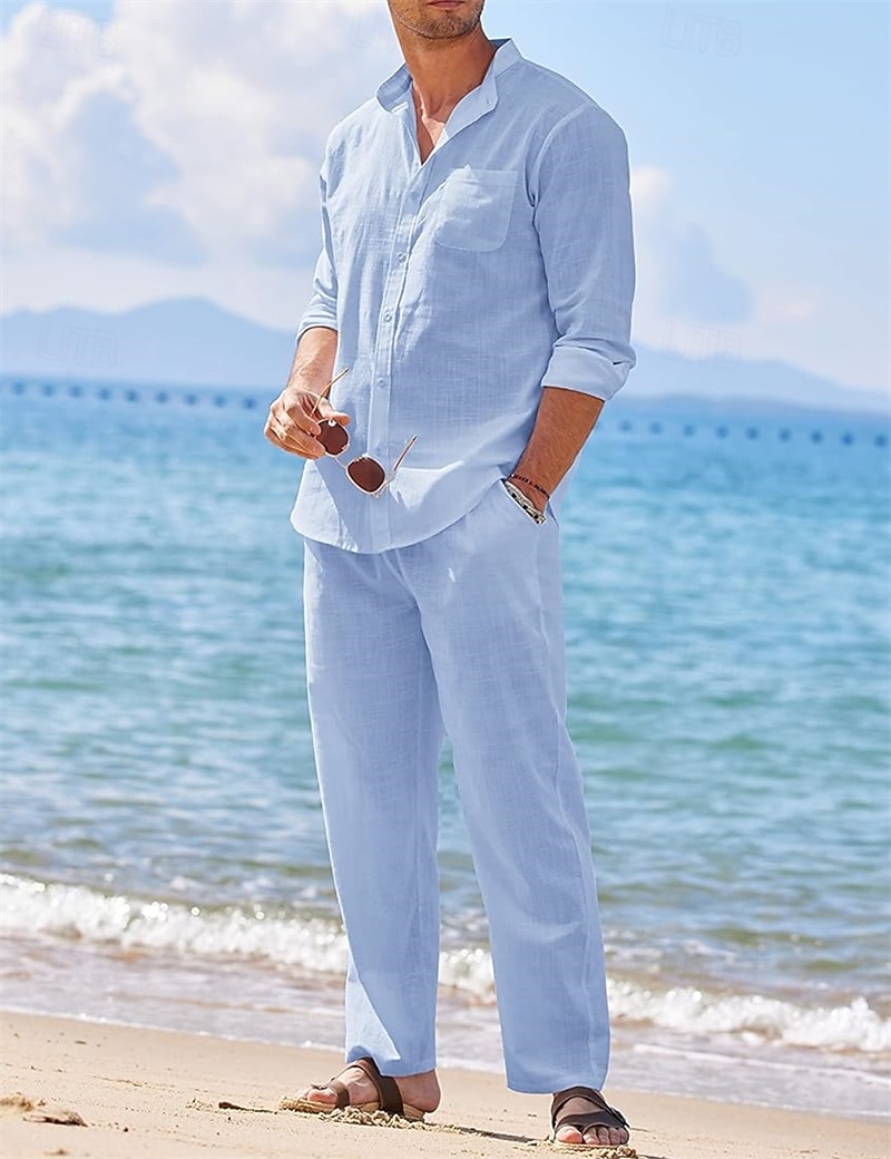 Men's 2 Piece Shirt Set Summer Shirt Matching Sets Beach Shirt Button Up Shirt Plain Vacation Casual Black White Blue Khaki Long Sleeve Collar Spring & Summer Clothing Apparel 2025 - $46.99 –P4