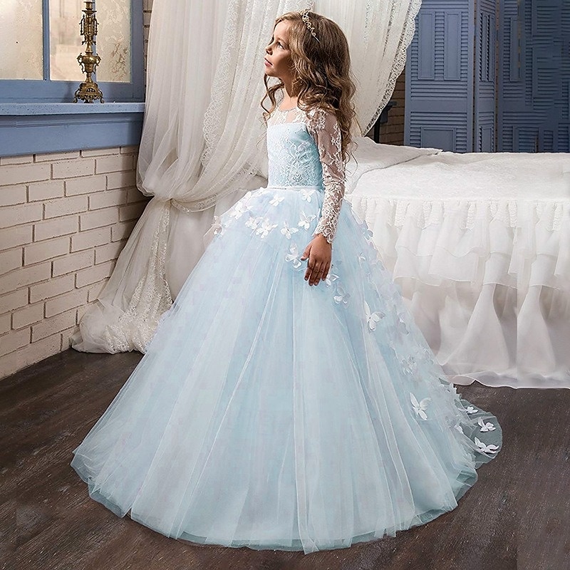 Kids Girls' First Communion Dress Party Dress Solid Color Sleeveless Long Sleeve Performance Wedding Party Mesh Princess Sweet Mesh Mid-Calf Sheath Dress Tulle Dress Summer Spring Fall kids White 2025 - $93.99 –P4