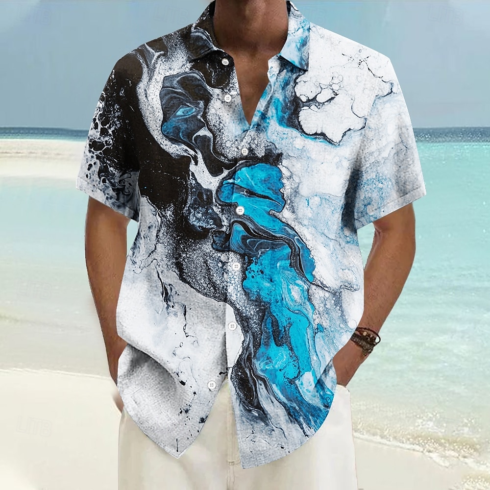 Herren Marmor Lässiges Hemd Hawaiihemd Sommerhemd Aloha-Shirt Kurzarm Hawaiianisch Resort Urlaub Täglich Sommer Frühling Ständer Blau 2025 - $22.99 –P1