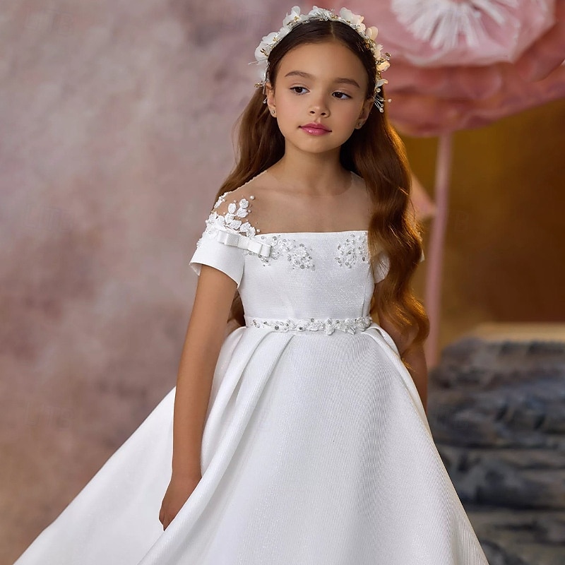 Blumenmädchenkleid Mädchen Kleid für die Erstkommunion Party Kleid Leistung Hochzeit Party Prinzessin Süß Gitter Feste Farbe Ärmellos Schulterfrei Elfenbein Kinder 2025 - $102.99 –P2