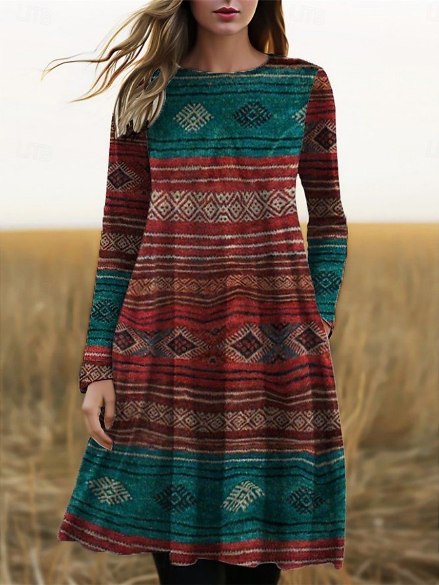 mini robe à col rond géométrique pour femme à manches longues été printemps de 2025 ? $23.99 –P1