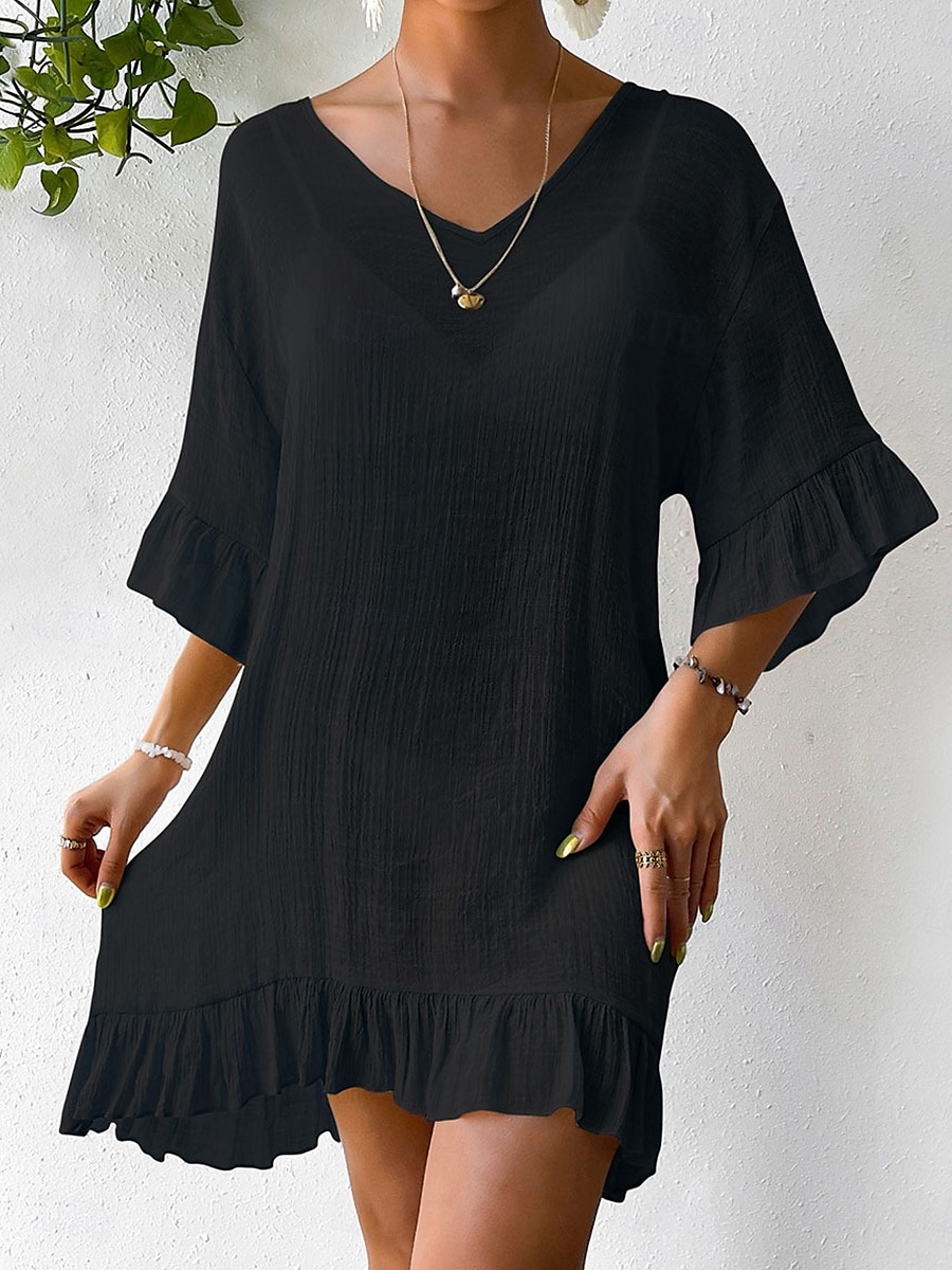 Women's Midi Dress Linen-Inspired Dresses White Dress Black Dress Casual Dress Elegant Stylish Casual Vacation Daily Regular Fit Plain Short Sleeve V Neck Black White Summer 2025 - $26.99 –P3