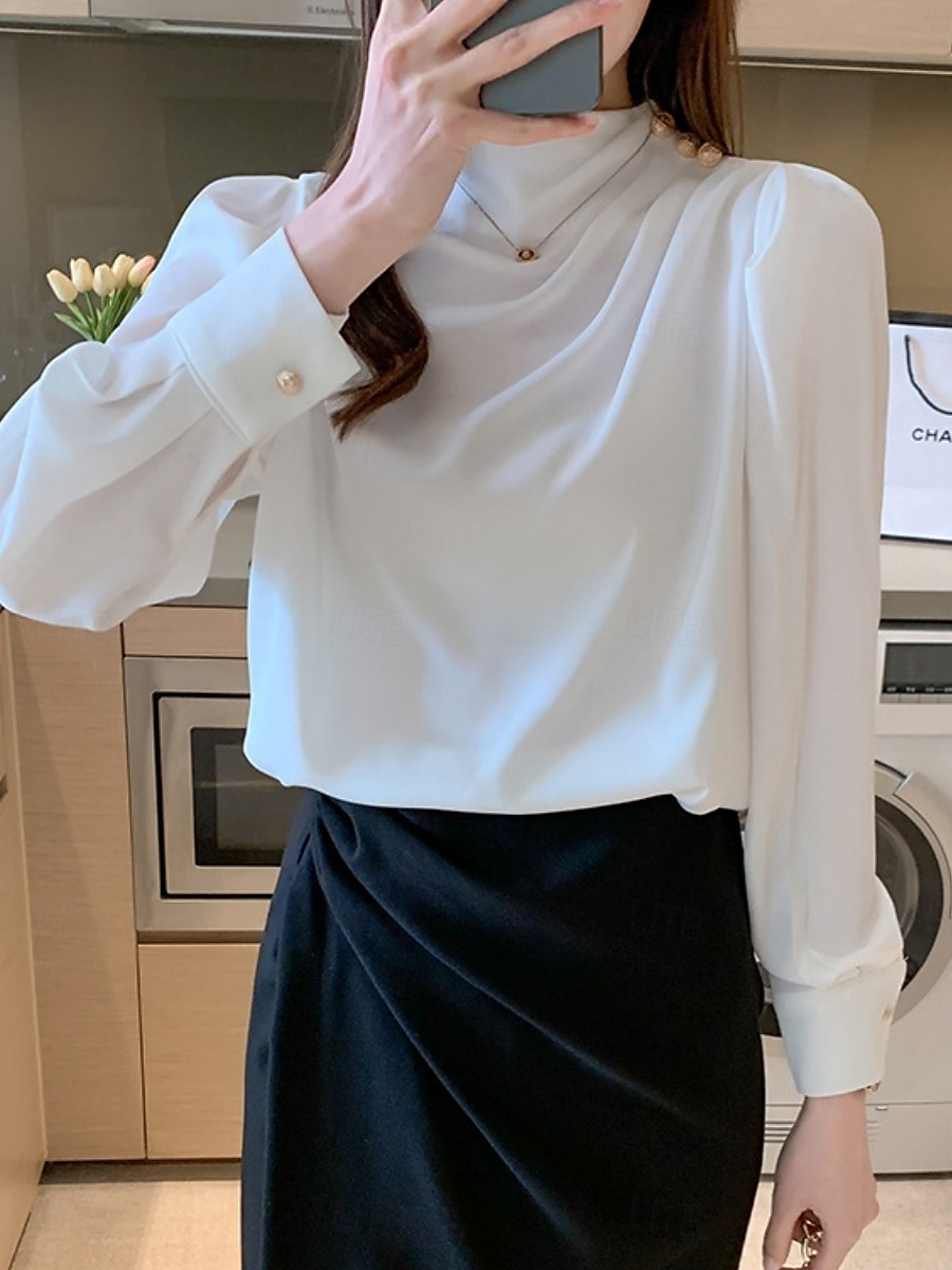 Damen Hemd Bluse Feste Farbe Basic Brautkleider schlicht Langarm Rollkragen Normale Oberteile Täglich Rüschen Weiß Rote Blau Sommer Frühling Herbst 2025 - $23.99 –P4