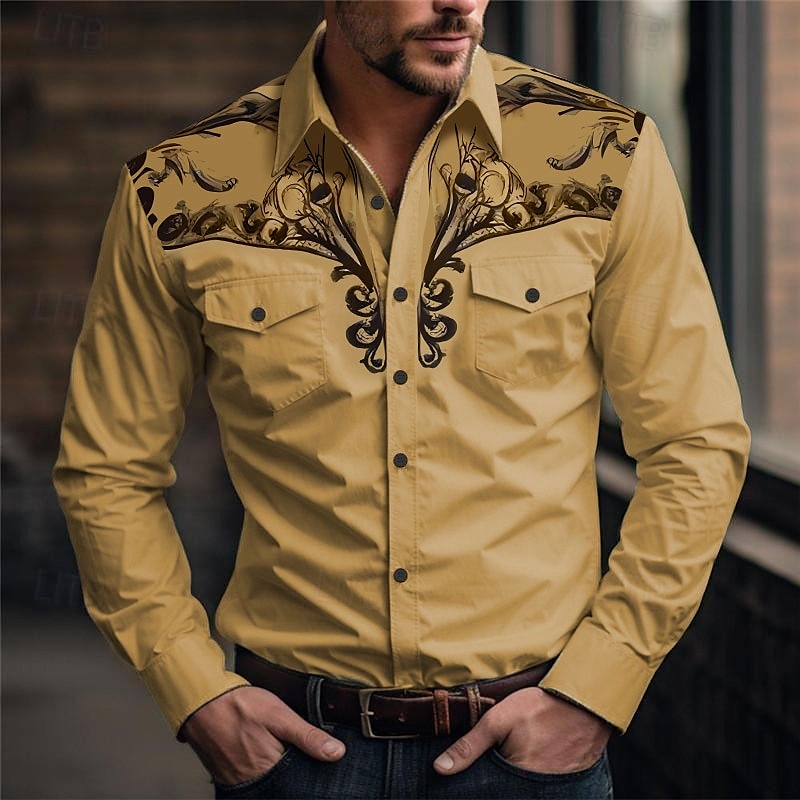 Men's Floral Western Shirt Printed Shirts Long Sleeve Vintage Western Style Daily Wear Going out Weekend Spring & Summer Turndown Pocket Print Button-Down Blue Light Blue White Pink Green 2026 - $31.99 –P1