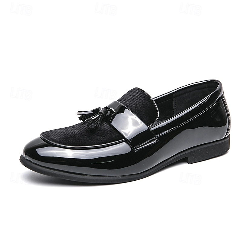 Men's Black Patent Faux Leather Tassel Loafers – Velvet Accent Slip-On Dress Shoes for Wedding and Formal Wear 2025 - $46.99 –P4