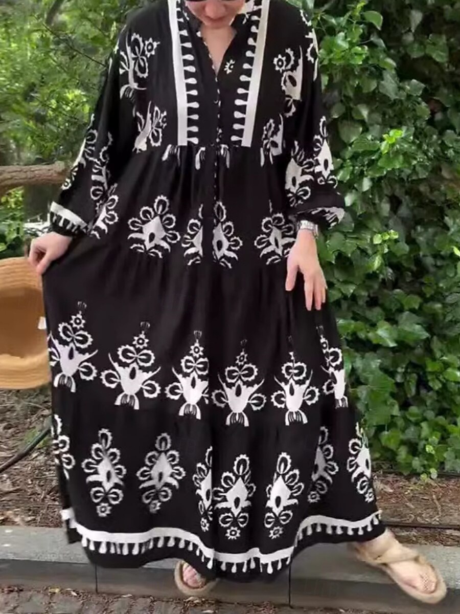Women's Maxi Dress Casual Dress Swing Dress Boho Dress Vintage Ethnic Casual Vacation Daily Regular Fit Floral Long Sleeve Notched Neck Black White Spring Fall 2025 - $49.99 –P7