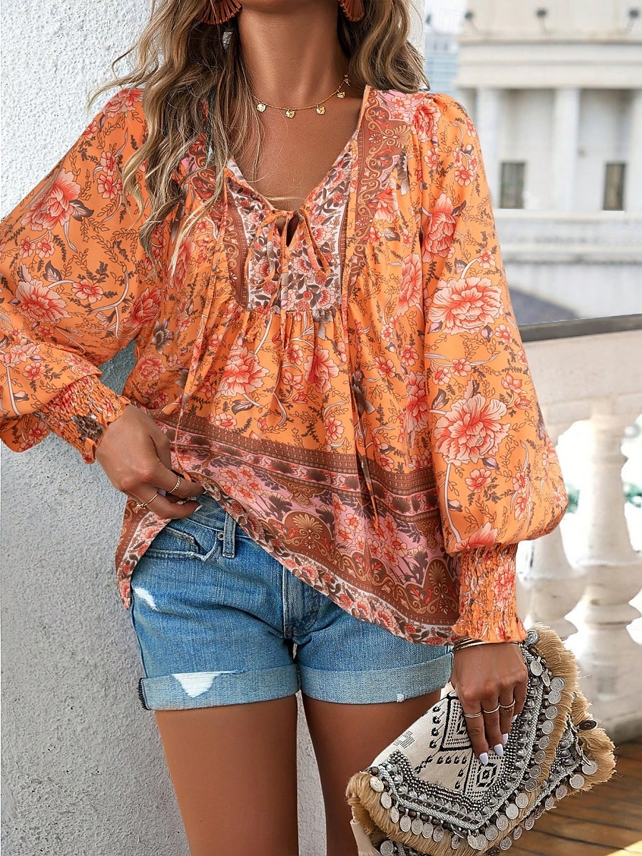 Dame Skjorte Bluse Blomstret Bohem Fritid Langermet V-hals Vanlige topper Daglig Trykt mønster Gul Rosa Navyblå Blå Oransje Sommer Vår Høst 2025 - $29.99 –P11