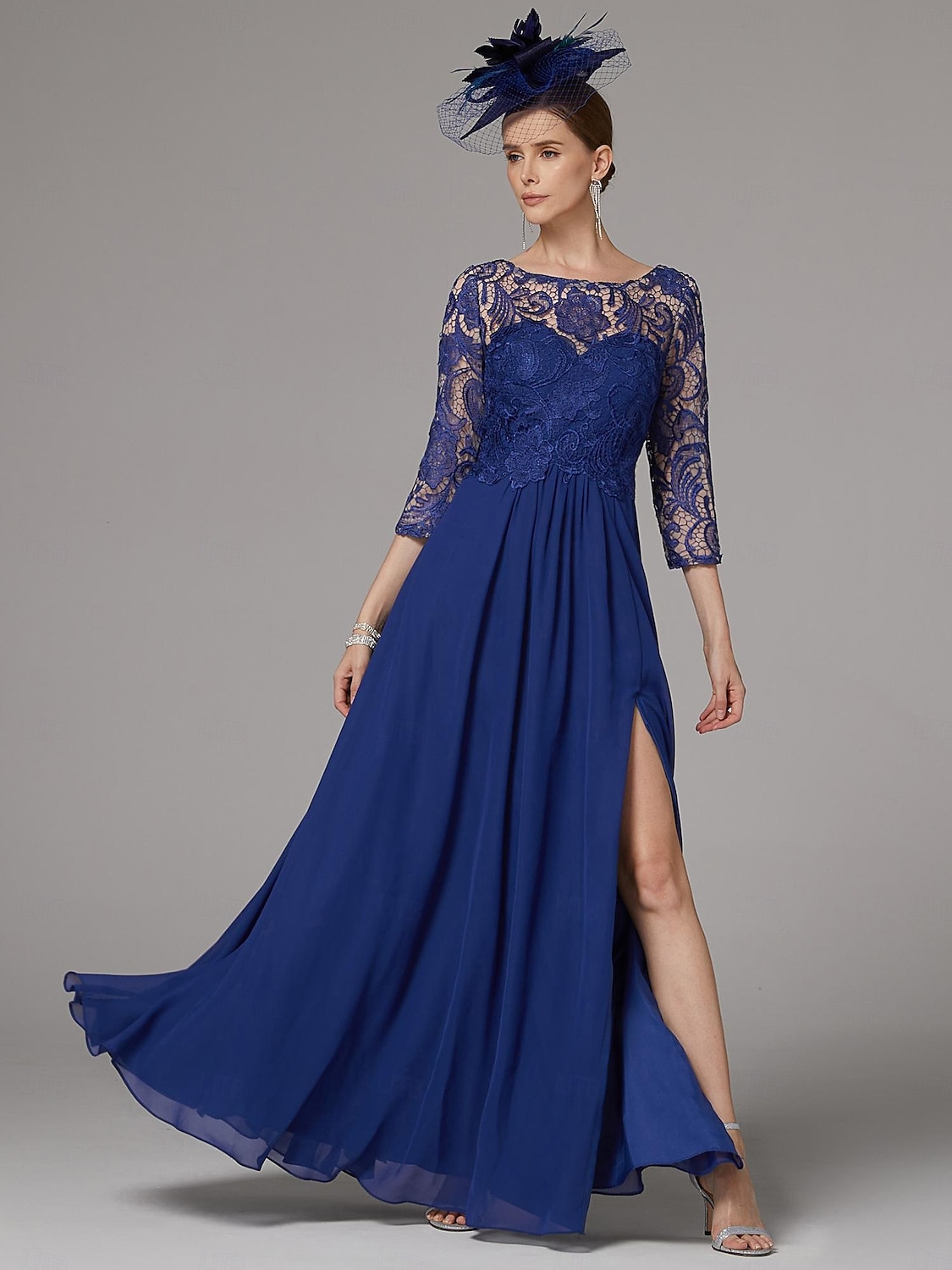 A-Linien-Kleid, elegantes Kleid für die Mutter der Braut, hoher Schlitz, U-Boot-Ausschnitt, bodenlang, Chiffon, 3/4-Ärmel mit Spitzenapplikationen, 2025 2025 - $150.99 –P5