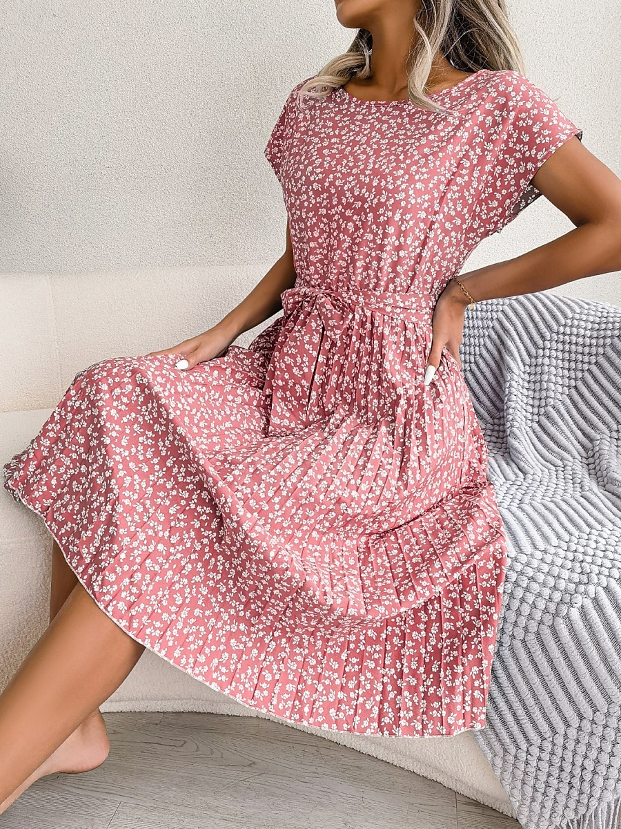 Women's Midi Dress Casual Dress A Line Dress Stylish Casual Vacation Daily Regular Fit Floral Short Sleeve Crew Neck Pink Light Blue Summer Spring 2025 - $36.99 –P11