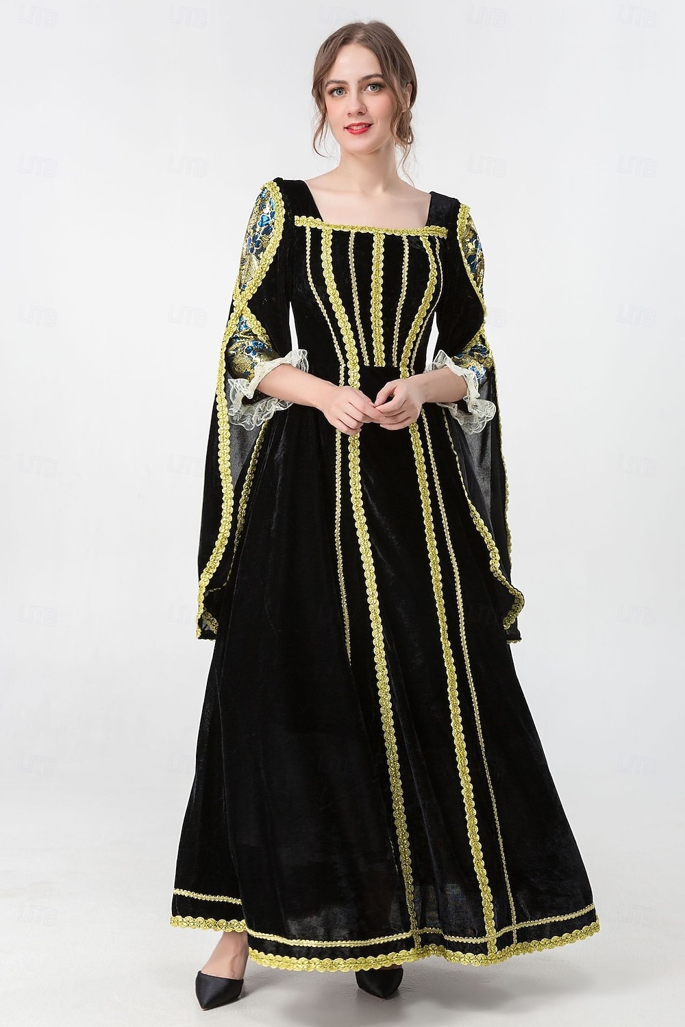 Mittelalterlich Renaissance Vintage-Kleid Maxi Kleid Glockenärmel Königin Wikinger Einfarbig Quadrathals Kostüm Damen königlich Halloween Karneval Maskerade Abschlussball Festival Erwachsene Kleid 2026 - $60.99 –P4