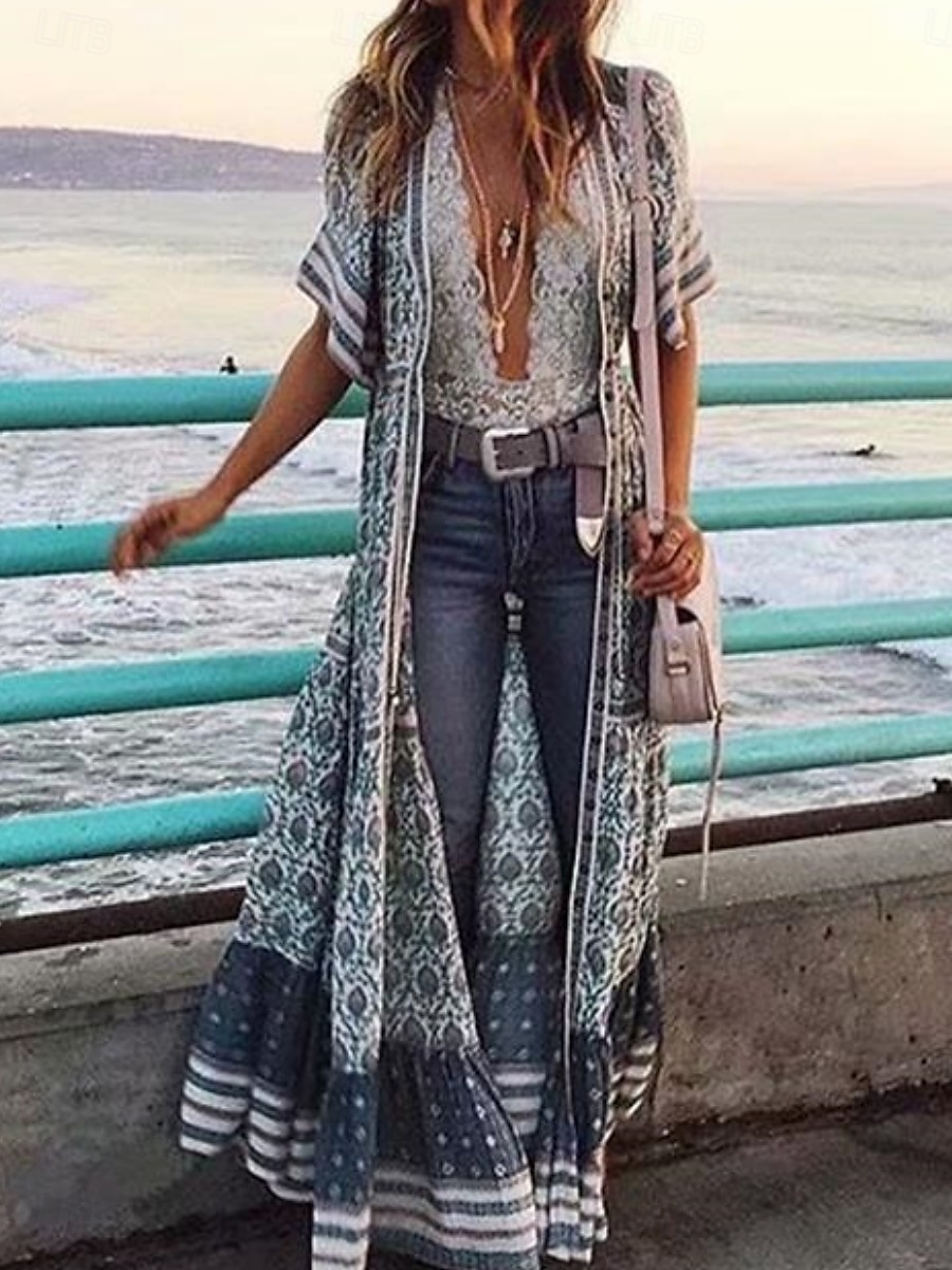 Damen kleid lang Casual kleid A Linie Kleid Boho-Kleid Stilvoll Brautkleider schlicht Urlaub Täglich Regular Fit Blumen Kurzarm V Ausschnitt Blau Frühling Herbst 2025 - $33.99 –P6
