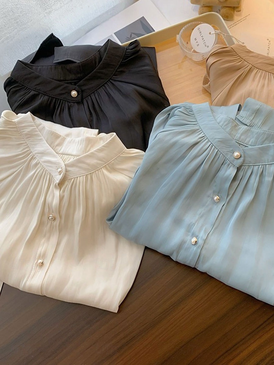 Dame Skjorte Helfarge Elegant Stilfull Fritid Langermet Høyhalset Vanlige topper Arbeid Daglig Ut på byen Svart Blå Kakifarget Beige Sommer Vår Høst 2025 - $39.99 –P2