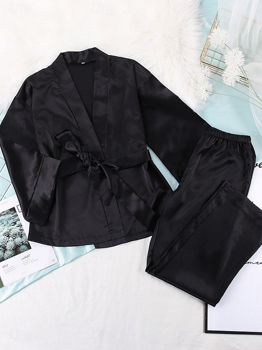 Per donna Set pigiama Informale Comoda Colore puro Vita elastica Top dell'accappatoio Pantalone Interni Giornaliero Mezza manica A V Nero Blu Verde Estate Primavera Autunno Standard del 2025 a $24.99 –P4