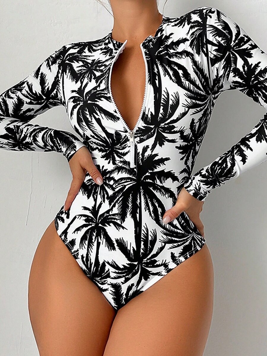 Dam Badkläder En bit Monokini Underställströja Baddräkt Öppen rygg Dragkedja Magkontroll Hög midja Smal Semester Standkläder Grafisk Hög hals Långärmad Baddräkter 2025 - $24.99 –P1