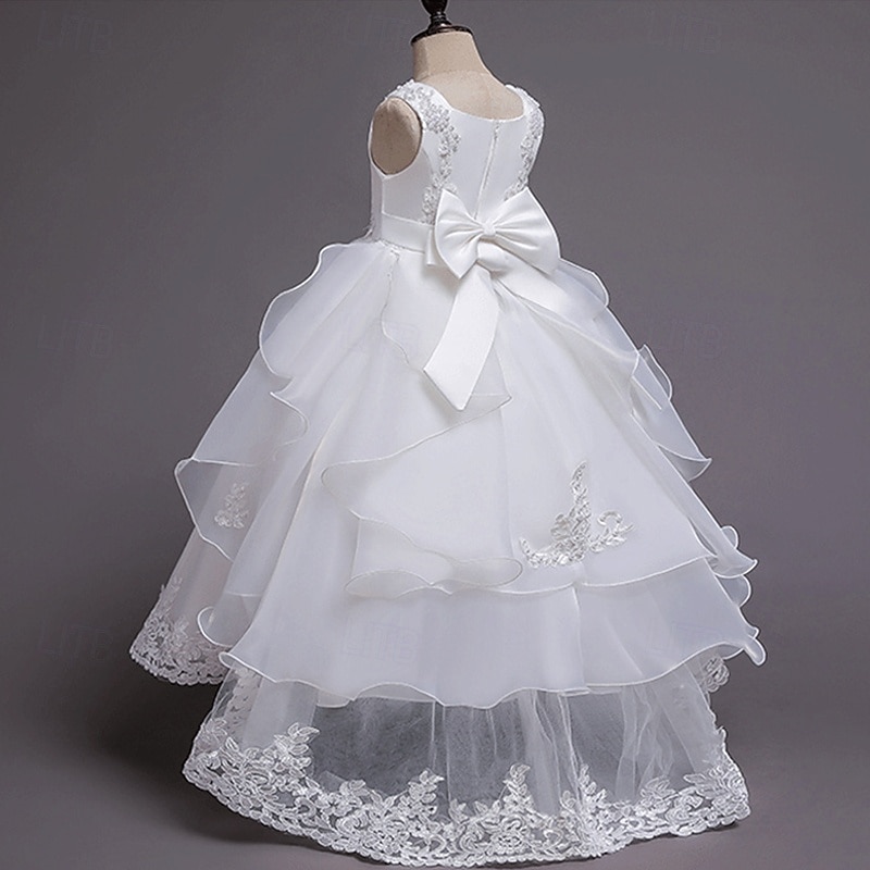 Blomsterpikekjole Barn Jente Prinsesse kjole Ytelse Bryllup Fest Elegant Vakker Netting Helfarge Ermeløs Crew-hals Vinrød Hvit 4 år + 2025 - $58.99 –P20