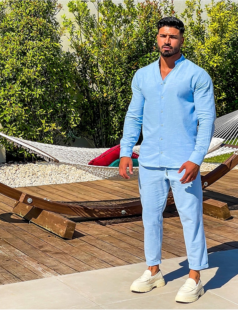 Per uomo 2 pezzi Completo di camicia Camicia estiva Set abbinati Camicia da spiaggia Camicia con bottoni Liscio Da mare Informale Nero Bianco Blu marino Blu Manica lunga Colletto Primavera estate del 2025 a $39.99 –P7