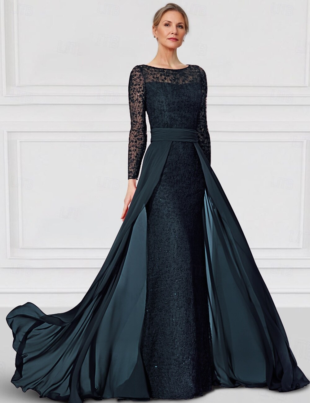 Kleid  Säulen-Kleid Brautmutter Kleid Elegantes Bateau-Ausschnitt Bodenlang Chiffon Spitze Lange Ärmel mit Spitze Einfarbig 2025 - $169.99 –P1
