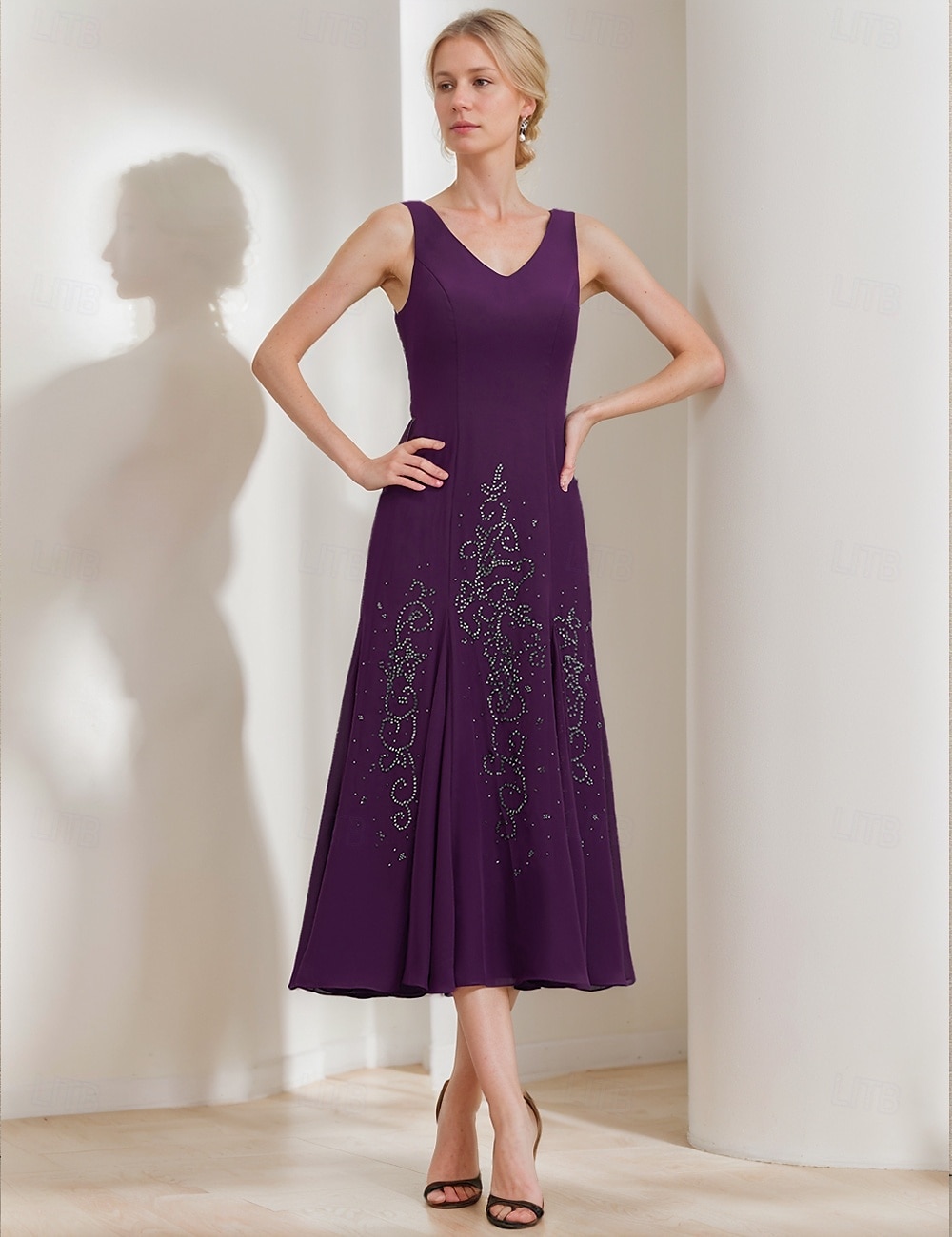 Zweiteiliges A-Linien Kleid Anzug Brautmutterkleid Elegantes Vintage Funkeln  Strahlen V-Ausschnitt Teelanges Chiffon 3/4-Länge Ärmel mit Falten Pailletten 2025 - $215.99 –P3
