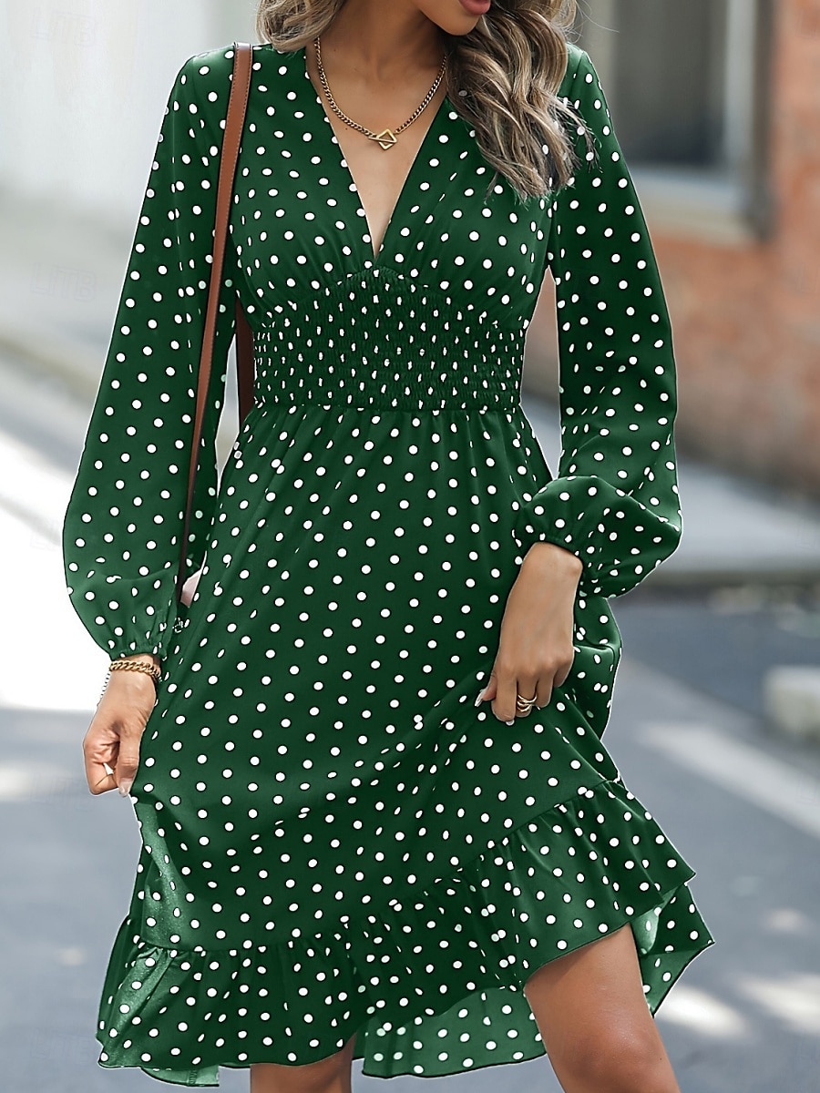 Women's Mini Dress Casual Dress A Line Dress Stylish Casual Vacation Daily Regular Fit Polka Dot Long Sleeve V Neck Navy Blue Green Spring Fall 2025 - $38.99 –P4