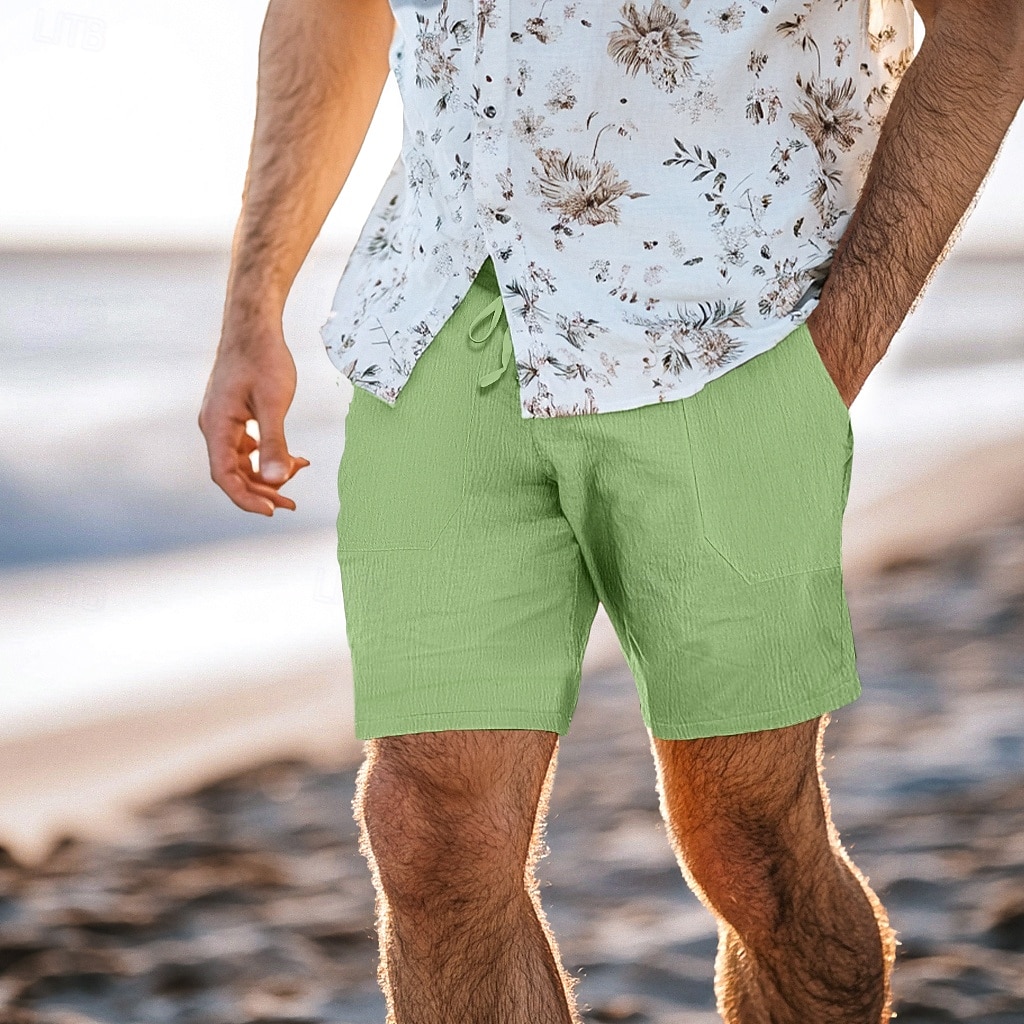 Hombre Pantalón corto Pantalones cortos de lino Pantalones cortos de verano Correa Bolsillo Cintura elástica Plano Comodidad Transpirable Corto Casual Diario Festivos Moda Estilo clásico Verde Trébol 2026 - $8.99 –P15