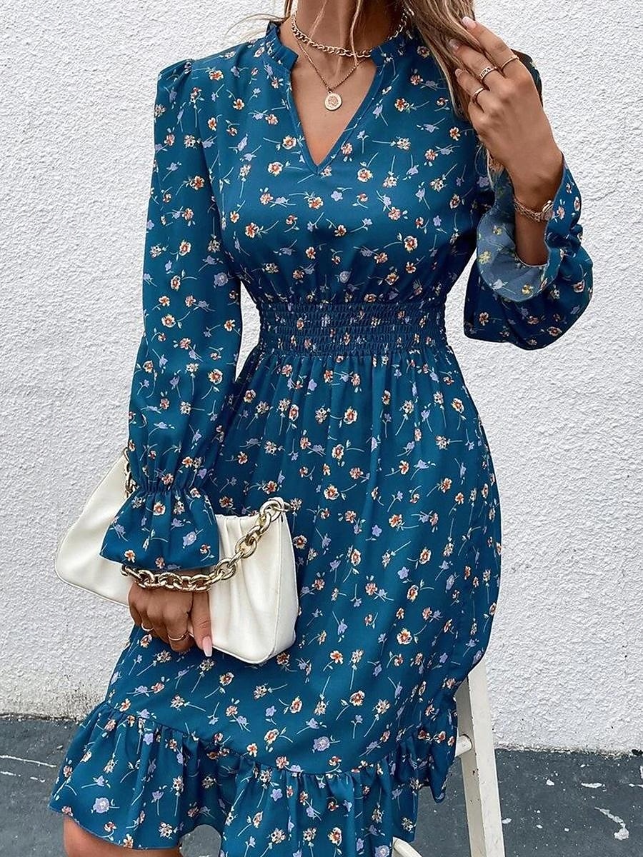 Damen Normal Midikleid Chiffon-Kleid Elegant Vintage Täglich Verabredung Regular Fit Blumen Graphic Langarm V Ausschnitt Schwarz Marineblau Blau Frühling Herbst 2025 - $39.99 –P6