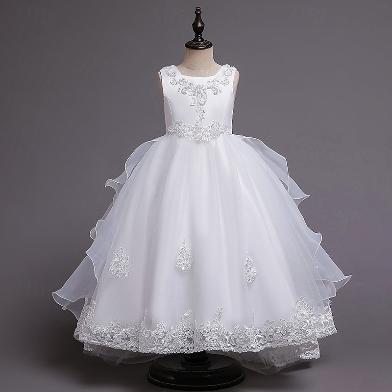 Blomsterpikekjole Barn Jente Prinsesse kjole Ytelse Bryllup Fest Elegant Vakker Netting Helfarge Ermeløs Crew-hals Vinrød Hvit 4 år + 2025 - $58.99 –P19