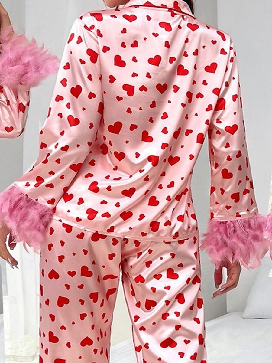 Women's Pajama Set Casual Comfort Heart Elastic Waist Shirt Pant Home Valentine's Day Daily Long Sleeve Shirt Collar Pink Summer Spring Fall Loose Fit 2025 - $57.99 –P6