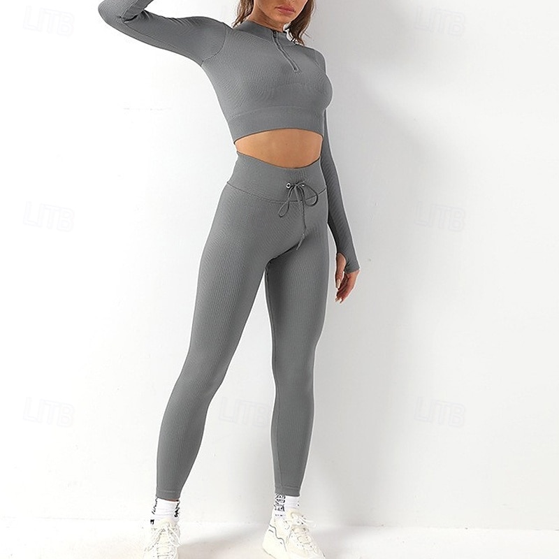 Mujer Conjunto de Ropa Fitness Sujetador deportivo con medias Mono de Fitness 2 Piezas Color sólido Mallas Leggings Trajes de Yoga Negro Blanco Yoga Aptitud física Entrenamiento de gimnasio Alta 2025 - $33.59 –P12