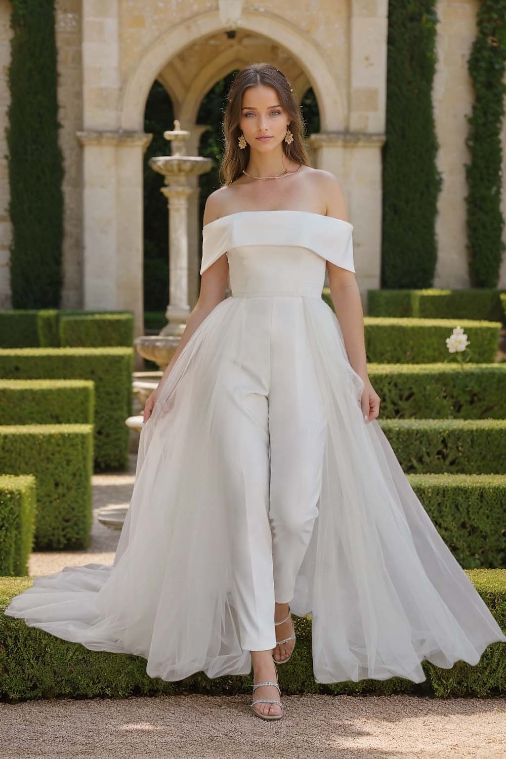 Macacão de Casamento de Crepe Bustier Ombro Descido Com Saia Destacável Comprimento do Tornozelo Tecido Stretch Vestido de Noiva Com Cor Sólida 2025 de 2025 por $172.99 –P1