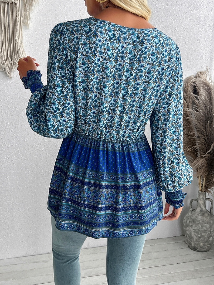 Dames Overhemd Blouse Bloemig Bohemen Casual Lange mouw V-hals Normale tops Dagelijks Afdrukken blauw Fuchsia Lente Herfst 2025 - $34.99 –P4