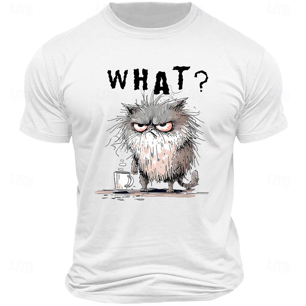 2025年 メンズ Tシャツ、面白いグランピーキャット「何？」モーニングコーヒー ショートスリーブグラフィック Tシャツ  コレクション – $15.99 –P1