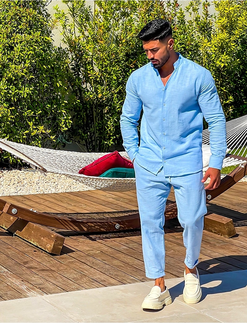 Per uomo 2 pezzi Completo di camicia Camicia estiva Set abbinati Camicia da spiaggia Camicia con bottoni Liscio Da mare Informale Nero Bianco Blu marino Blu Manica lunga Colletto Primavera estate del 2025 a $39.99 –P8