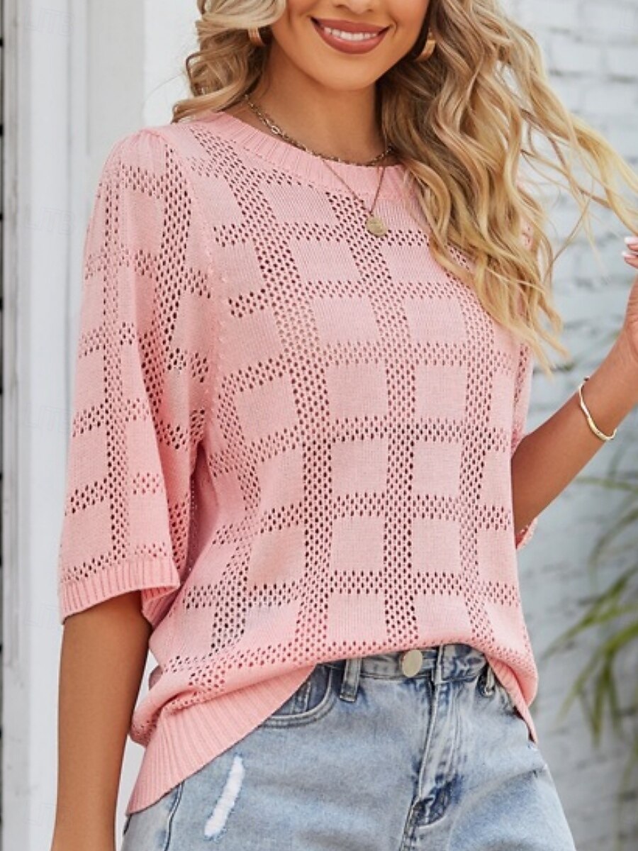 2025年 女性用 ニット カジュアル ソフト ピュアカラー リブ クルーネック ニット 七分袖 レギュラートップス ニット アウトドア 日常 週末 ホワイト ピンク 春 秋  コレクション – $27.99 –P5